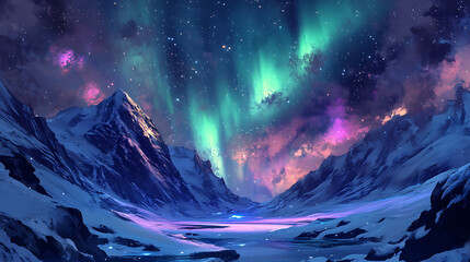 Fototapeta premium Aurora borealis over snowy mountains 