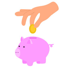 hand dropping coin into piggy bank representing saving money concept flat design illustration