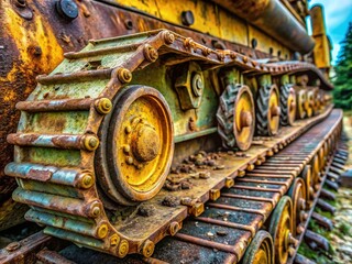 Worn Caterpillar Tracks: Close-Up Documentary Photography - Military Vehicle, Heavy Equipment, Industrial Machinery,  Texture, Detail