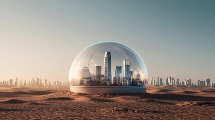 Global warming pollution adaptation concept. A futuristic dome city thriving in the middle of a scorched desert, showcasing advanced climate adaptation technologies