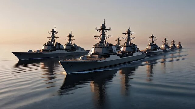 Fleet of Modern Naval Warships in Formation on Calm Ocean Waters During a Serene Sunrise

