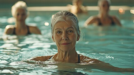 Fototapeta premium A mature woman confidently participates in a group swimming session, surrounded by friends in a serene indoor pool, emphasizing wellness and community engagement