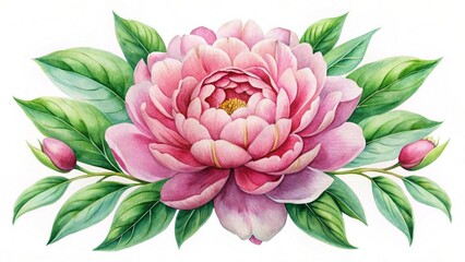 Watercolor illustration of a pink peony and green leaves, ideal for elegant botanical artwork.