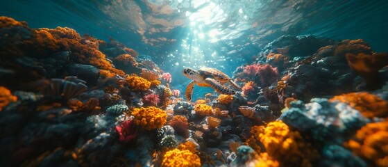 Sea turtle swims through vibrant coral reef its brown shell yellow stripes illuminated sunlight filtering through water