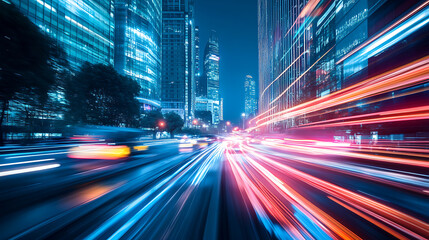 Fototapeta premium City Lights: A long exposure shot captures the vibrant energy of a bustling metropolis at night, with streaks of light from cars painting a dynamic scene against a backdrop of towering skyscrapers. 
