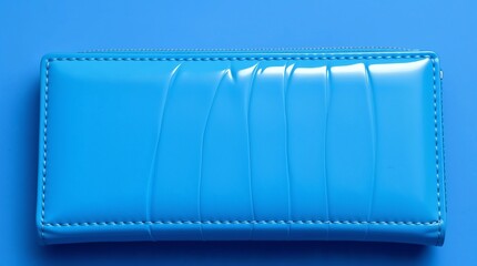 Glossy blue wallet with a textured design on a solid blue background
