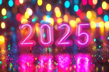 A festive 2025 New Year decoration with a black background, adorned with gold snowflakes and shimmering gold dots, ideal for holiday celebrations.