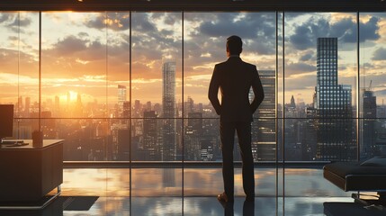 Fototapeta na wymiar A businessman stands in a high-rise office, looking out at the city skyline. The sun sets over the cityscape, casting a warm glow on the room.