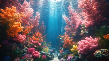 Fototapeta premium Vibrant coral reef, colorful fish, sunlit ocean.