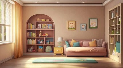 Fototapeta premium Sunny kids room with couch, bookshelves, and toys.