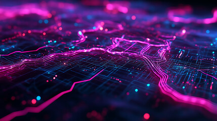 Neon Cityscape: A vibrant, futuristic cityscape illuminated by glowing neon lines, evoking a sense of energy, progress, and technological advancement.  