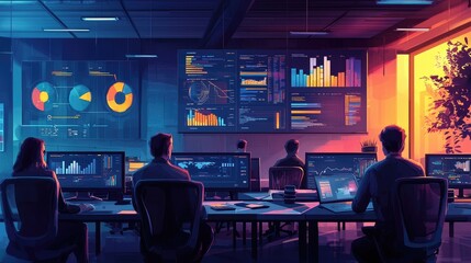 Diverse group of adults analyzing data on multiple screens in a modern office setting