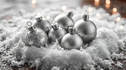 monochrome New Year, Monochrome New Year decorations featuring silver ornaments surrounded by artificial snow and soft lights