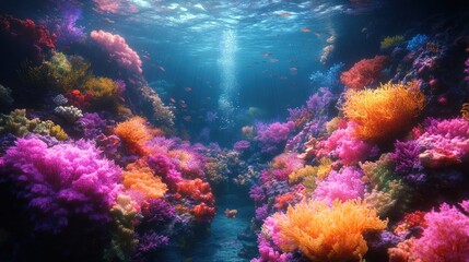 Vibrant coral reef, colorful fish, underwater scene.