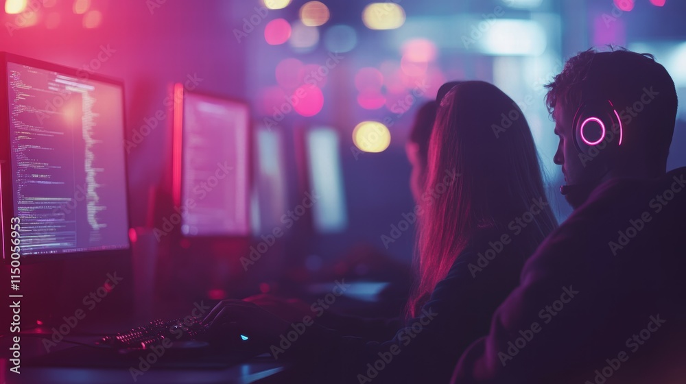 Poster young programmers working at computers in neon lighted tech environment