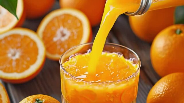 Fresh orange juice pouring into a glass, surrounded by juicy oranges.