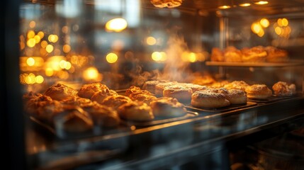Freshly Baked Pastries in an Oven with Warm Lighting and Steam Rising