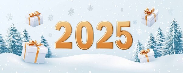 A delightful Christmas and New Year 2025 greeting card illustrated with gifts.