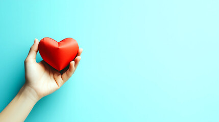 Fototapeta premium Hand holding a red paper heart on pastel blue background with copy space. Love and care concept.
