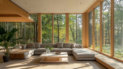 Modern wooden living room with large windows showcasing a forest view.
