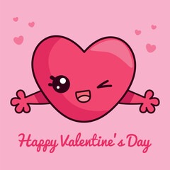 Cute card with a heart in kawaii style and the inscription Happy Valentine's Day - for Valentine's Day. Vector illustration of a pink heart.
