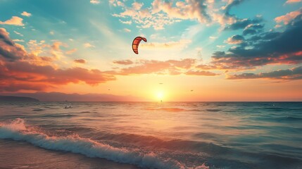 Kite boarders perform impressive freestyle tricks against a breathtaking sunset backdrop, with vibrant colors reflecting on the ocean waves. A picturesque scene of thrill and beauty