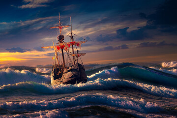 Grand view of an old sailing ship from the times of pirates and the Middle Ages on the high seas with big waves and with a beautiful sky © proslgn