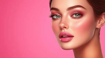 Fototapeta premium Beautiful woman with flawless complexion and skin, portrait isolated on pastel pink background. This image represents beauty concept for cosmetics advertising.