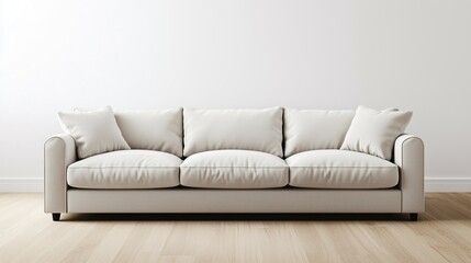Fototapeta premium Contemporary beige sofa in a minimalist setting, showcasing sleek design and comfort.
