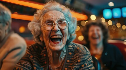 A photo of elderly friends with disabilities, sharing a laugh-filled moment during a game of adapted bowling, their faces radiating pure joy.