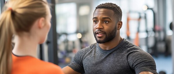 Personal trainer discussing exercise with client in gym.