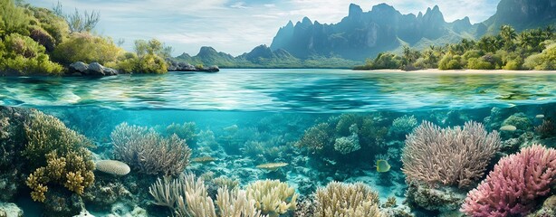 Stunning Tropical Island Seascape with Vibrant Underwater Coral Reef and Turquoise Waters