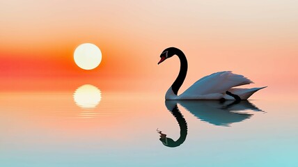 Naklejka premium swan sunset reflection on calm lake, swan sunset reflection elegance, swan sunset reflection peaceful nature ,swan sunset reflection, serene lake silhouette ,elegant swan evening