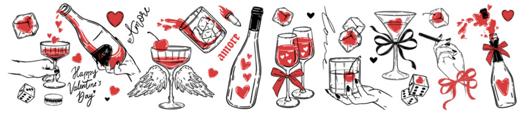 Valentine day doodle set, vector hand drawn love wine sticker, romantic alcohol glass illustration. Holiday champagne martini red cherry cocktail, ice cube, female hands, wings. Valentine doodle print