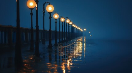 Obraz premium row of light bulb poles along a bridge at night, the lights reflecting on the water below, creating a peaceful and serene seaside view