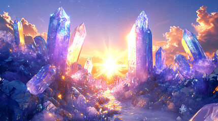 Obraz premium Crystal Dreamscape: A breathtaking landscape of shimmering crystal formations bathed in the warm glow of a setting sun, evoking a sense of wonder and serenity. 