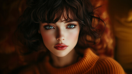 Fototapeta premium photography of a model with short curly brown hair, blue eyes, and flawless makeup, wearing an orange sweater, perfect for lifestyle, fashion, or editorial use.