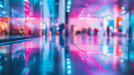 Neon Reflections: A vibrant, blurred cityscape at night, reflecting in a glossy floor. Captures the energy and dynamism of urban life. 