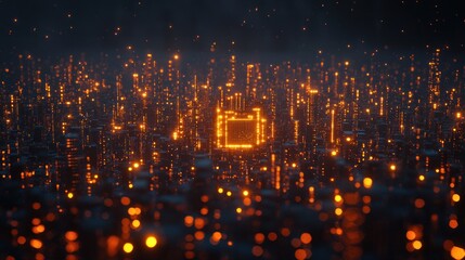 Obraz premium Abstract futuristic city glowing with orange light.
