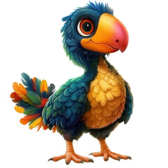 A vibrant, cartoon-style parrot with colorful feathers, standing against a white isolate background, exuding playful charm and character.