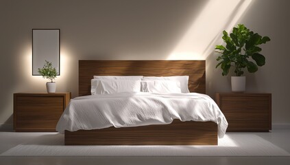 3D rendering of a modern minimalist bedroom with a wooden bed, white linens, and a