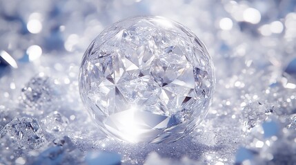 Sparkling crystal ball on icy surface.