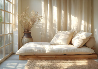 Cozy and natural interior design featuring a minimalist bed and gentle light in a serene setting. Modern boho interior.