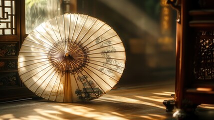 Chinese umbrella lying on a wooden surface, its delicate silk canopy adorned with traditional artwork, casting soft shadows in the warm light of an antique room