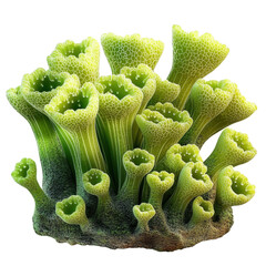 Detailed view of vibrant green coral formations against a white isolate background, showcasing intricate structures and textures.