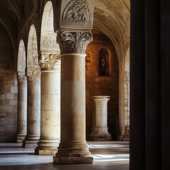 impressive columns inside Klis Church, where the detailed stonework contrasts against the soft, warm light of the church's interior, highlighting its timeless beauty