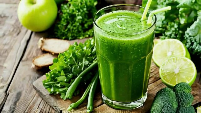 Refreshing green smoothie in a glass surrounded by fresh ingredients like apples, limes, and various leafy greens on a wooden surface.