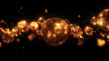 Golden Celestial Dance: Abstract art featuring a mesmerizing array of luminous golden spheres, floating in a dark cosmic expanse. Their radiant glow creates a captivating visual spectacle. 
