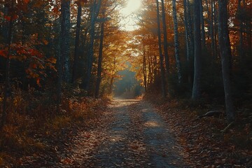 Obraz premium Sunlit autumn path through forest.