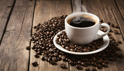 Naklejka premium Cup of freshly brewed coffee surrounded by roasted beans on a weathered wooden table.Organic,good morning theme.